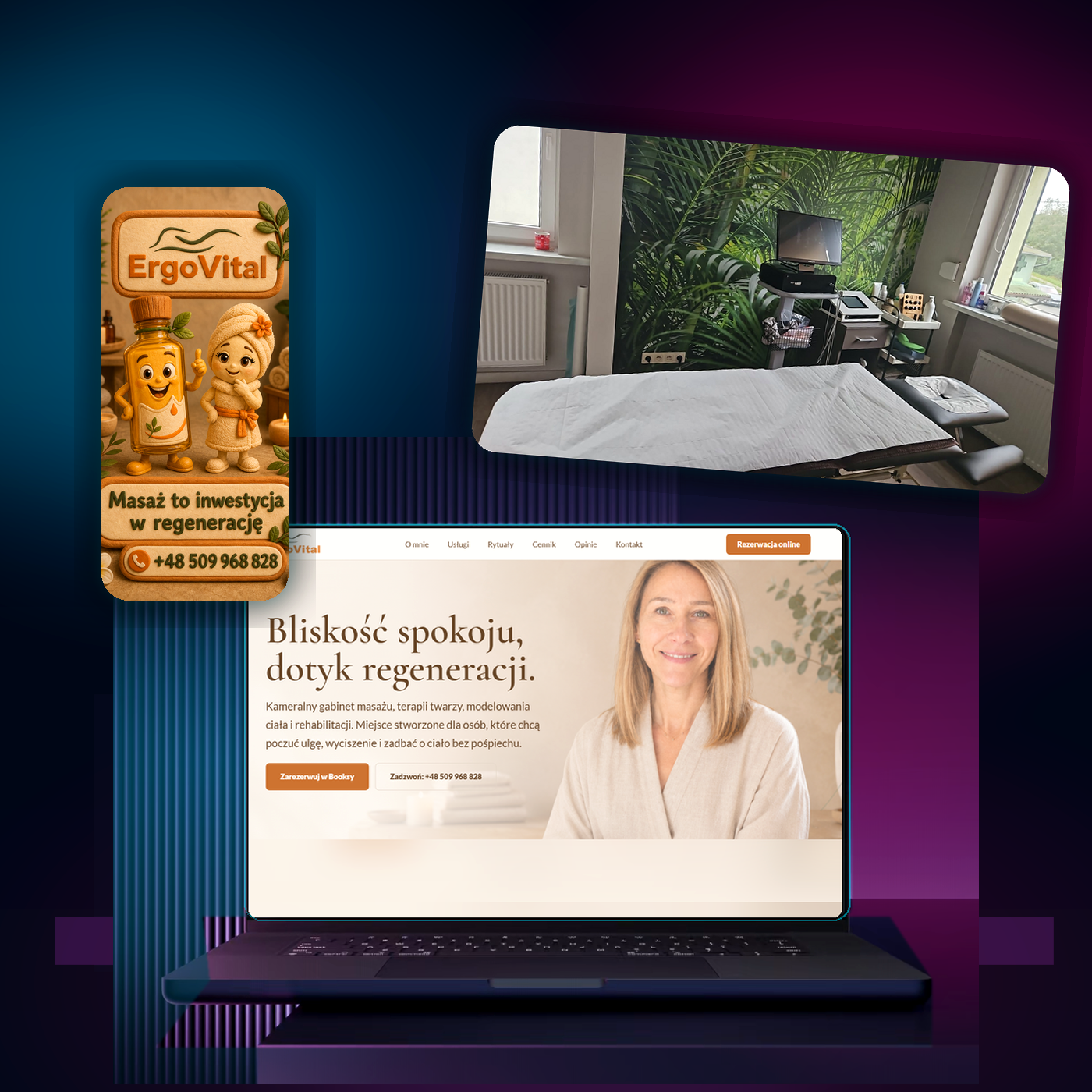 Mockup projektu ErgoVital na laptopie, tablecie i telefonie
