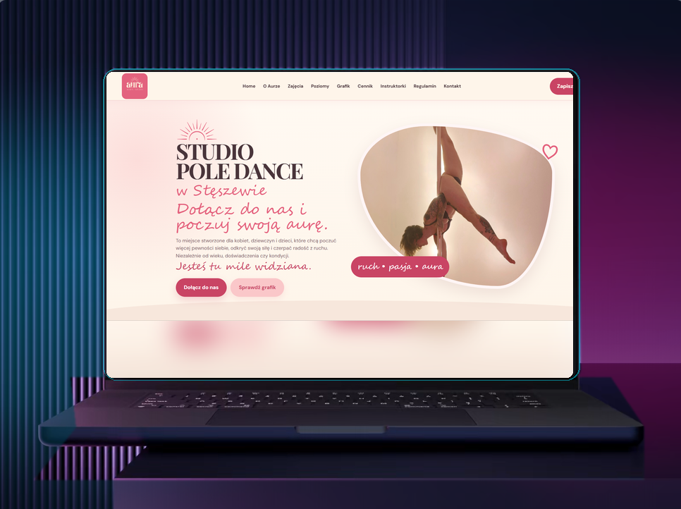 Projekt strony Aura Pole Dance na ekranie laptopa