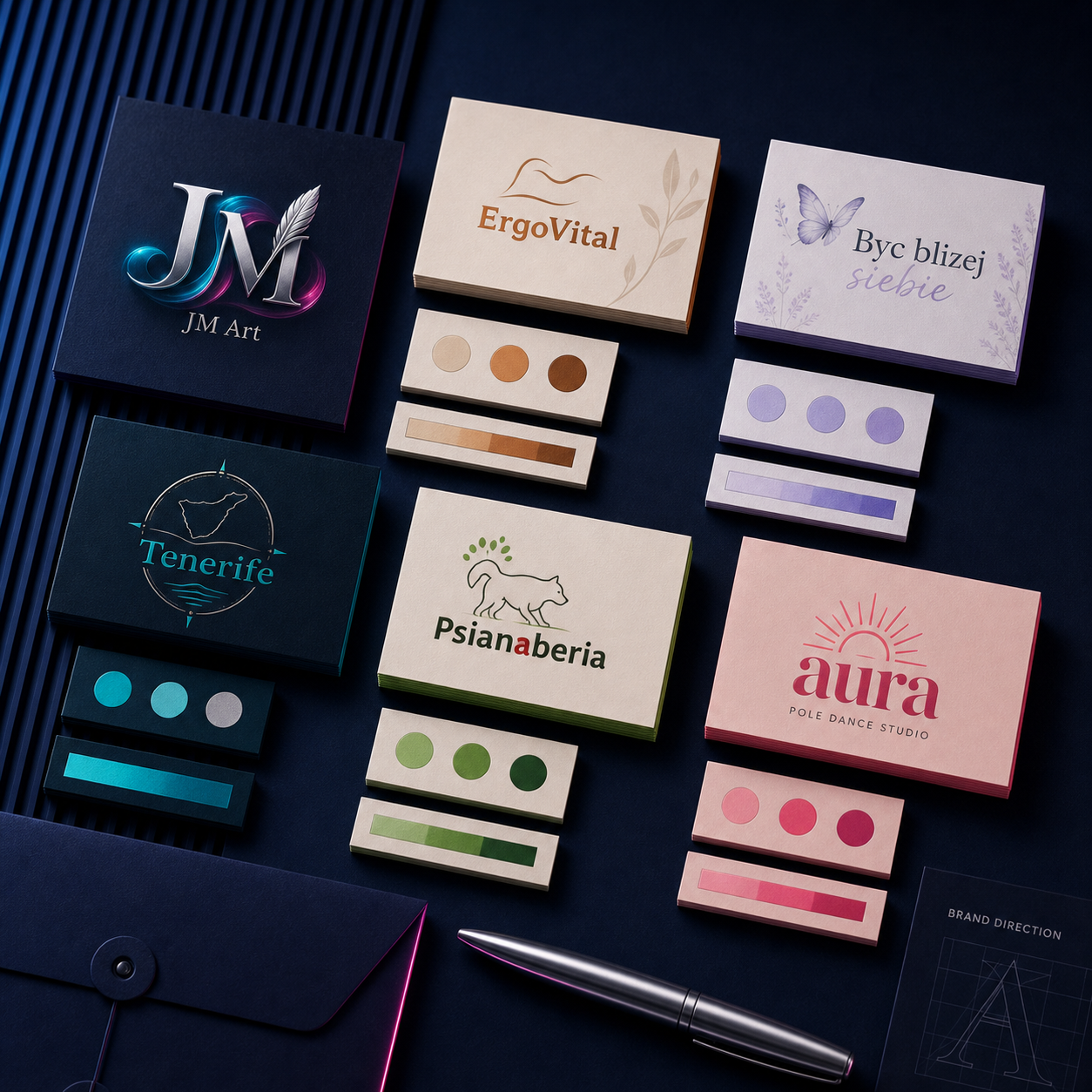 Realistyczna wizualizacja kilku kierunków brandingu, wizytówek, logo i palet kolorów