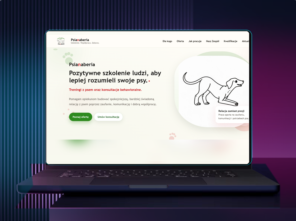 Projekt strony Psianaberia na ekranie laptopa